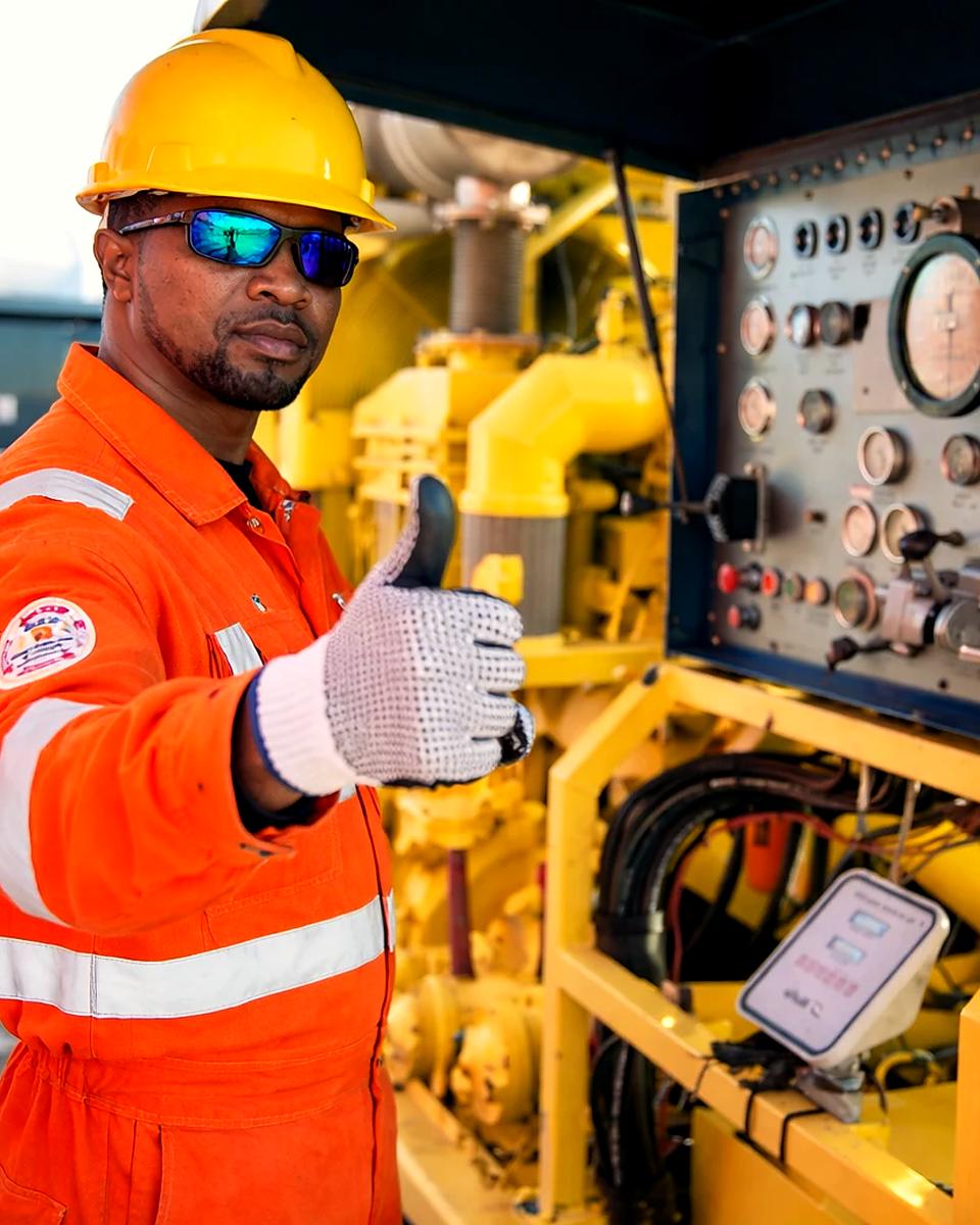 Tucker Energy Services operator giving a thumbs-up beside a yellow pumping unit control panel